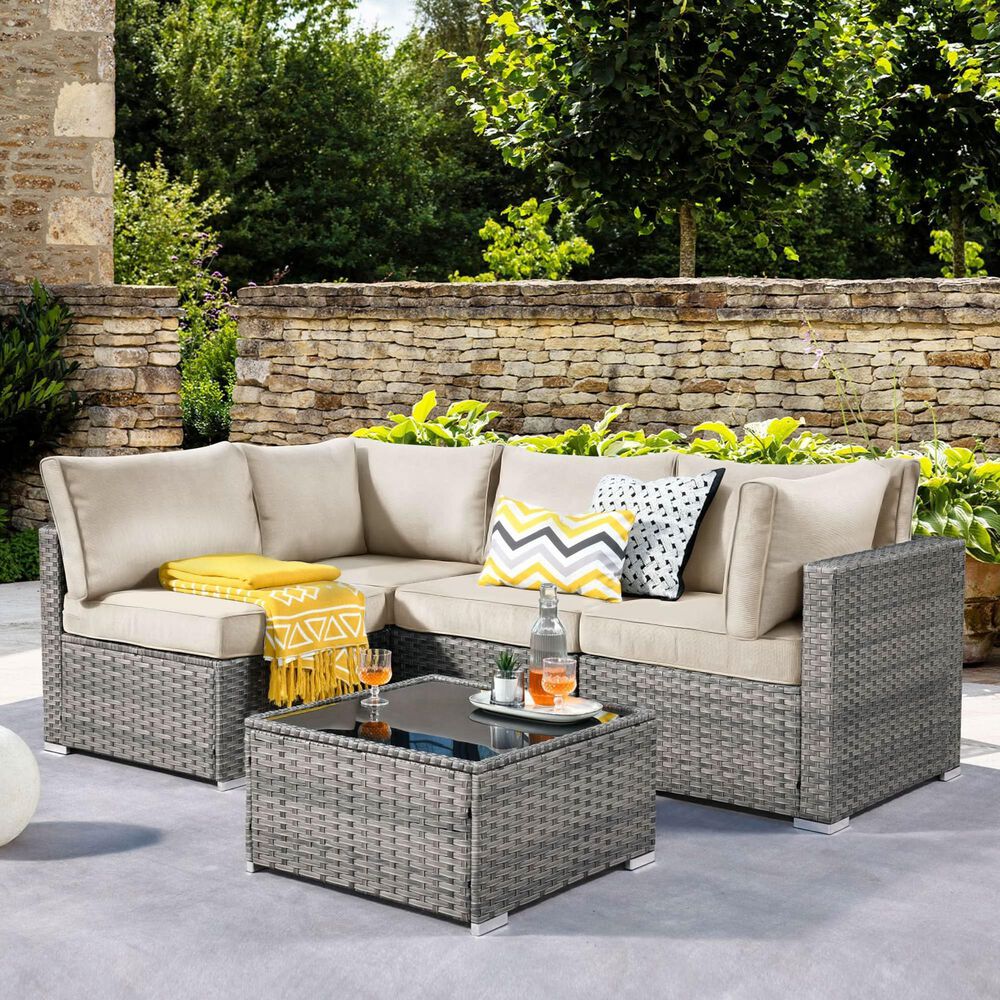 HOMLUX 5-Piece Patio Conversation Set with Grey Wicker in Beige, , large