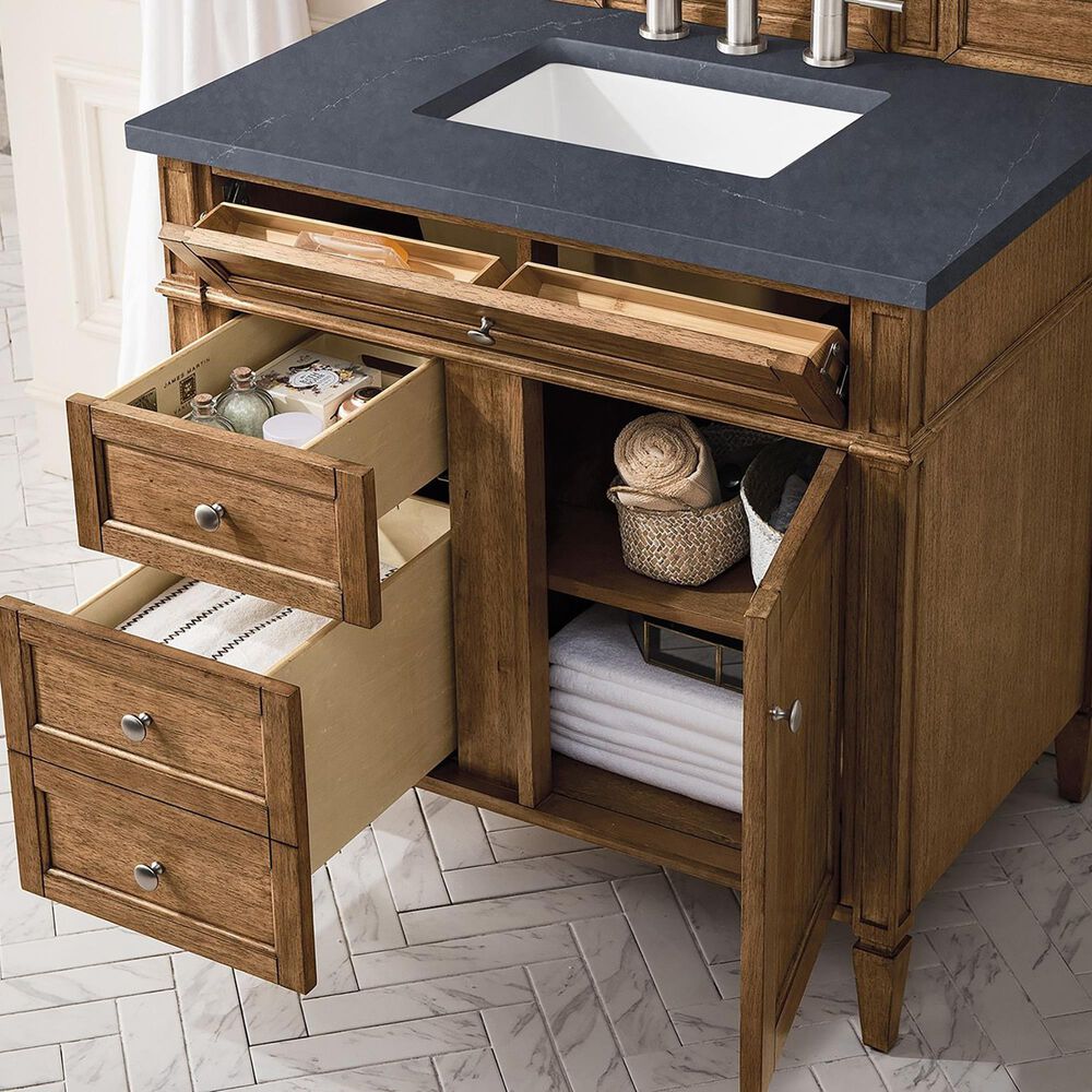 James Martin Vanities Brittany 36" Single Bathroom Vanity in Saddle Brown with 3 cm Charcoal Soapstone Quartz Top and Rectangular Sink, , large