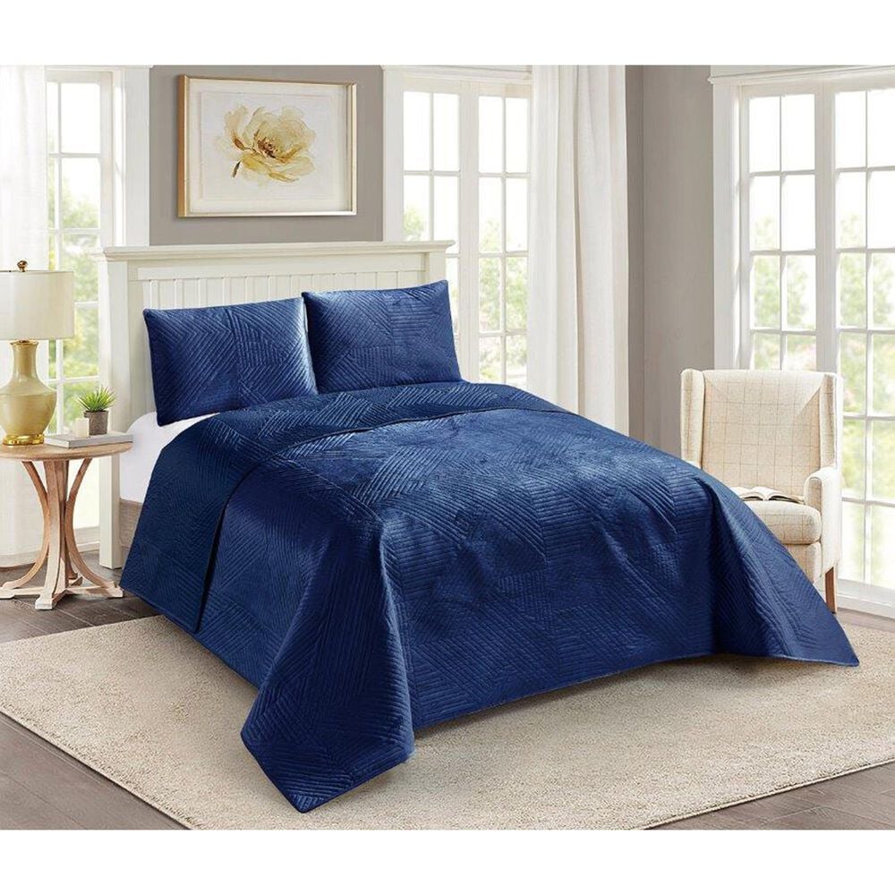 Duke Imports Virah Bella Micromink 3-Piece King Quilt Set in Striped Navy Weave, , large