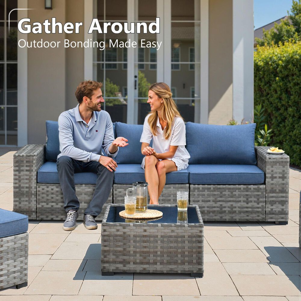 HOMLUX 6 Piece Outdoor Wicker Sectional Patio Furniture Set in Denim Blue, , large