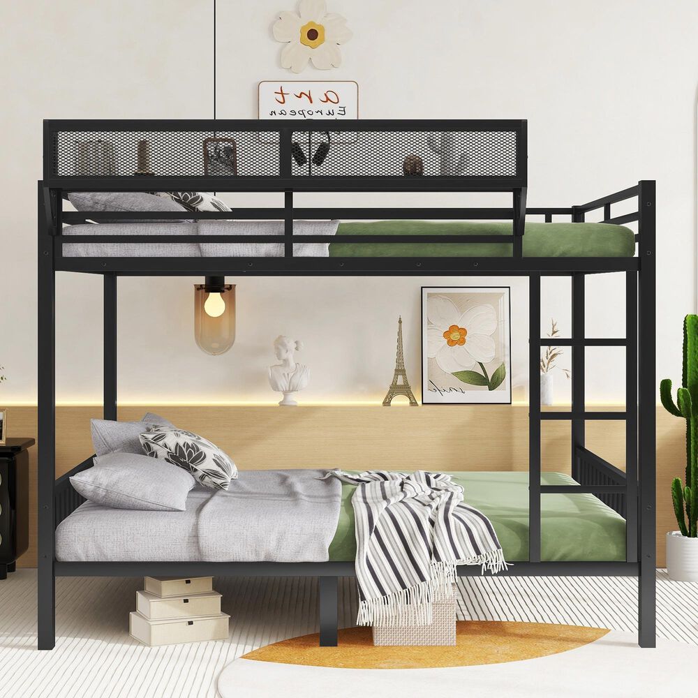 Hearth and Haven Queen over Queen Bunk Bed with Ladder and Storage Shelf in Black, , large