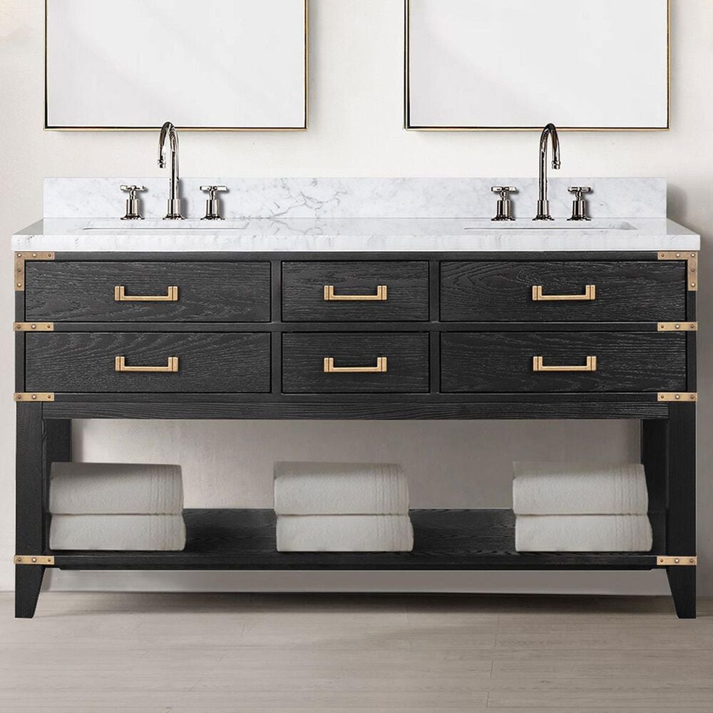 Lexora Home Norwalk 60&quot; Double Bathroom Vanity in Black Oak with White Carrara Marble Top and Rectangular Sinks, , large