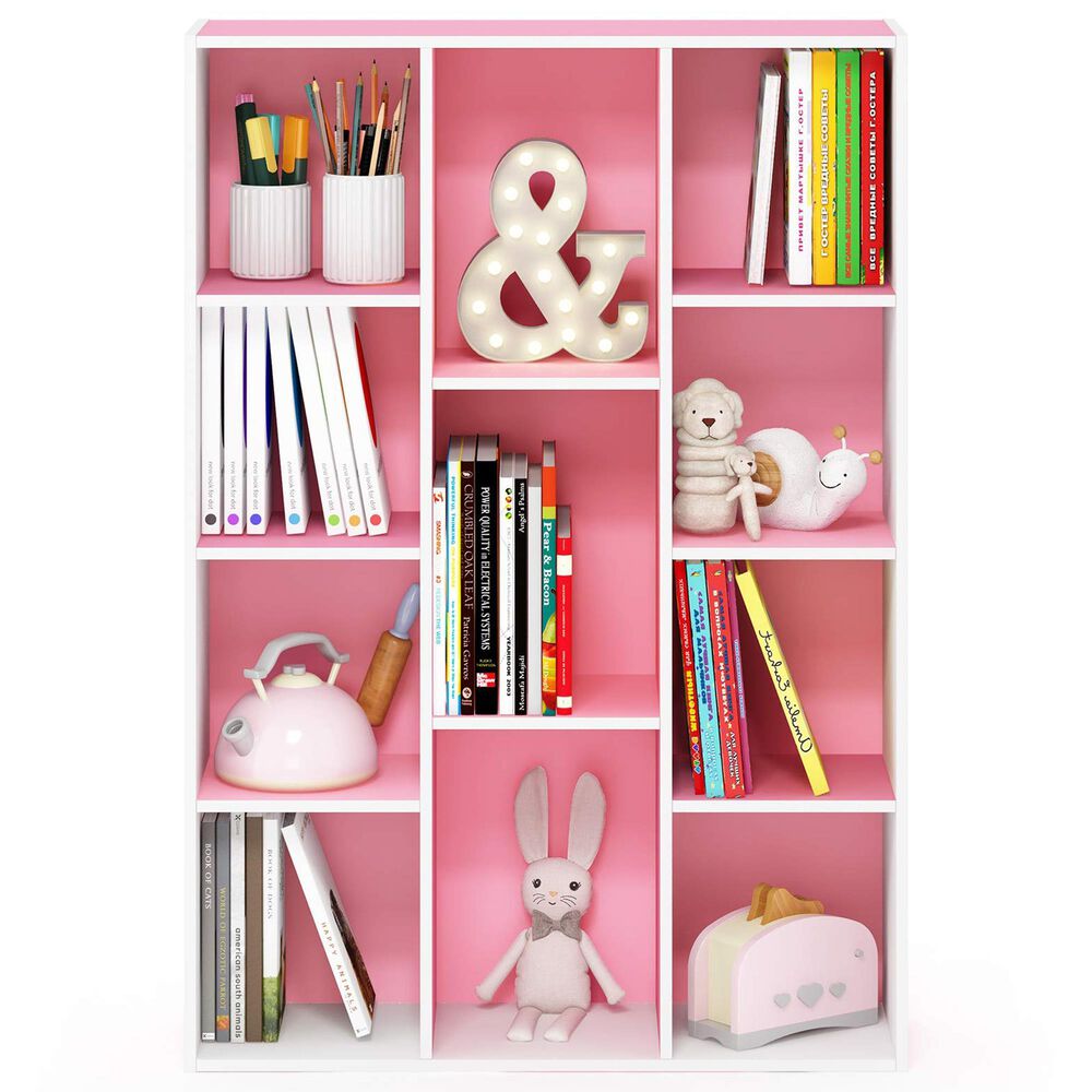 HOMLUX 11-Cube Reversible Open Shelf Bookshelf in White and Pink, , large