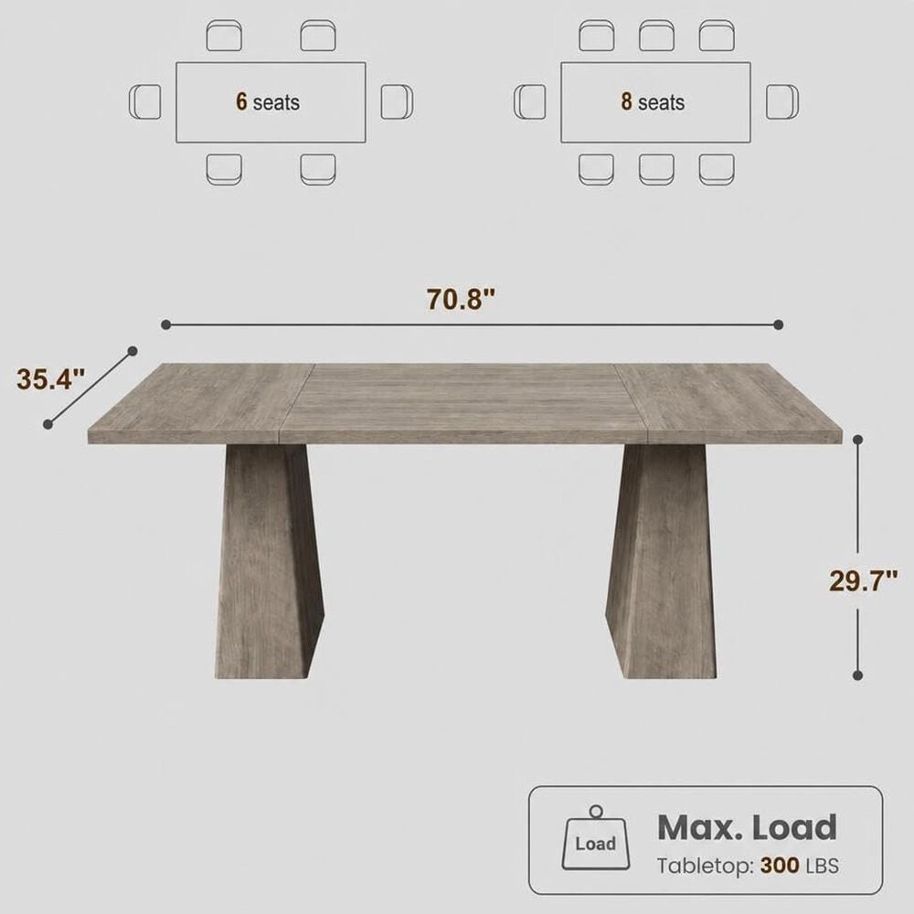 GARVEE 71" Rectangular Dining Table with Double Pedestal Base in Gray - Table Only, , large