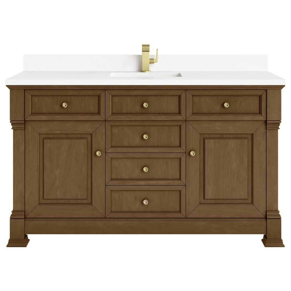 James Martin Vanities Brookfield 60" Single Bathroom Vanity in Honey Oak with Single Hole 3 cm White Zeus Quartz Top and Rectangular Sink, , large