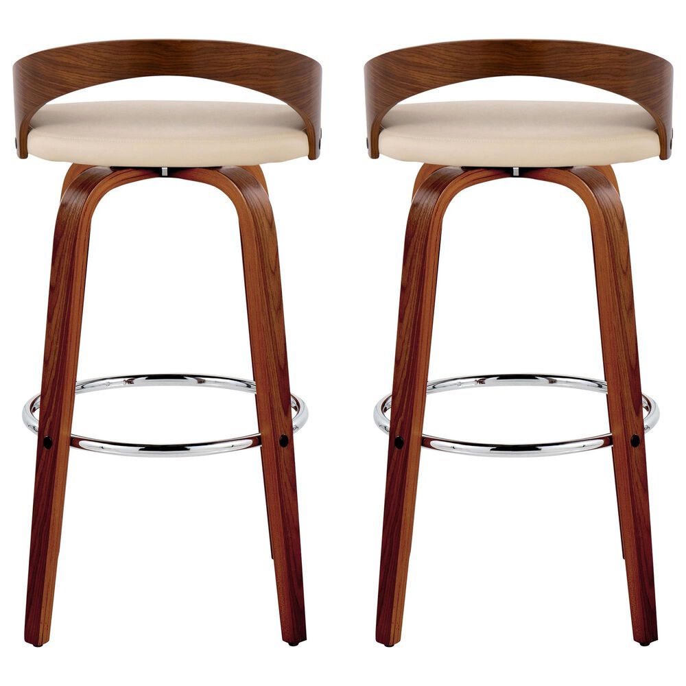 LumiSource Grotto 30" Swivel Barstool with Cream Faux Leather Upholstery in Walnut and Chrome (Set of 2), , large