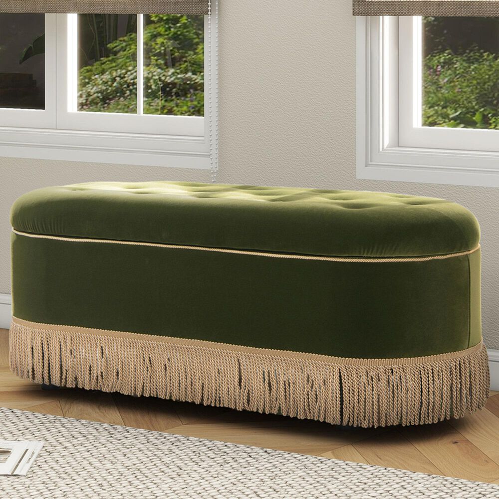 Jennifer Taylor Home Melinda Storage Bench with Tufted Bullion Fringe in Olive Green, , large
