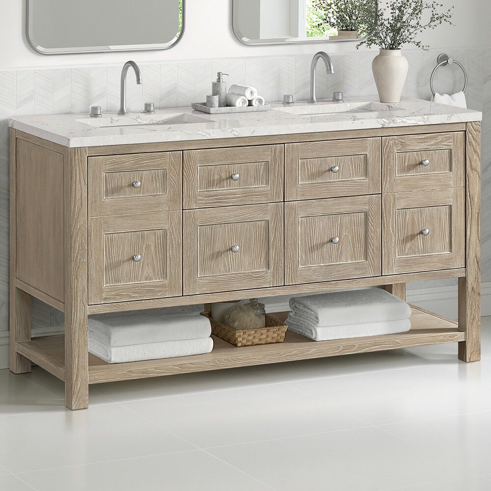 James Martin Vanities Breckenridge 60" Double Bathroom Vanity in Whitewashed Oak with 3 cm Eternal Jasmine Pearl Silestone Top, Rectangular Sinks and FreePower Wireless Charger, , large