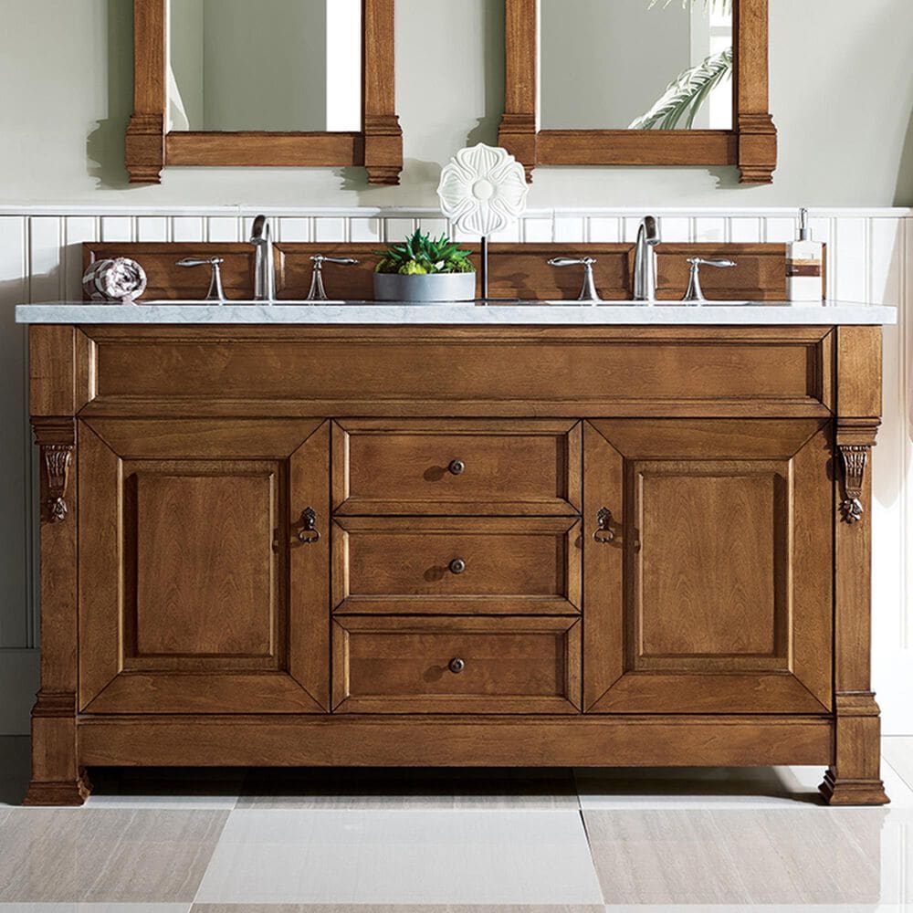 James Martin Vanities Brookfield 60&quot; Double Bathroom Vanity in Country Oak with 3 cm Eternal Jasmine Pearl Quartz Top and Rectangle Sink, , large