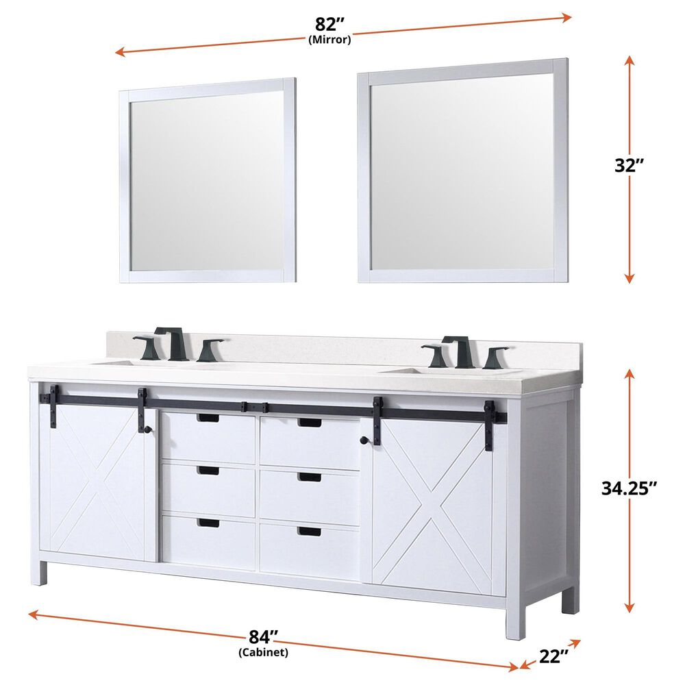 Lexora Home Marsyas 84&quot; Double Bathroom Vanity in White with Grey Quartz Top and Rectangular Sinks, , large