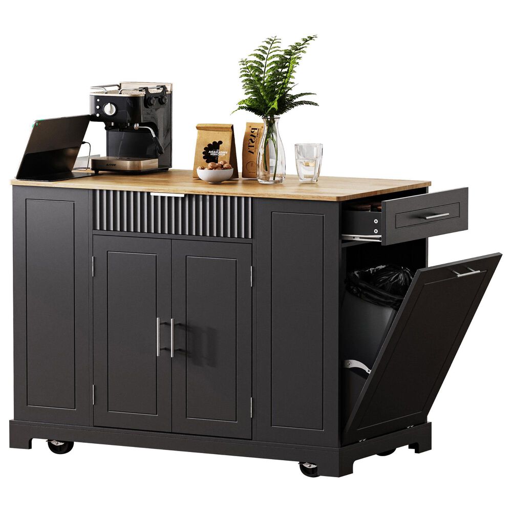 HOMLUX 47" Fluted Kitchen Island with Trash Can Storage Cabinet in Black and Natural, , large