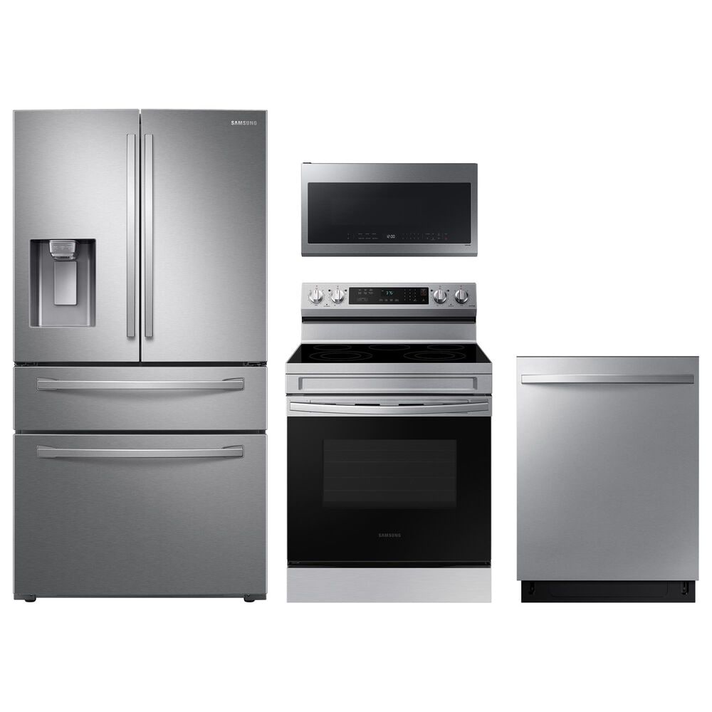 Samsung 4-Piece Kitchen Package with 28 Cu. Ft. French Door Refrigerator and 6.3 Cu. Ft. Smart Freestanding Electric Range in Stainless Steel, , large