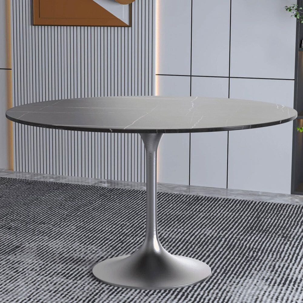 Leisuremod LeisureMod Verve Collection 48 Round Dining Table, Brushed Chrome Base with Sintered Stone Black Top, , large