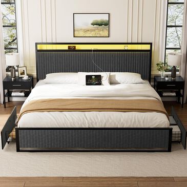 HOMLUX 2-Drawer King Storage Bed with LED Headboard and USB Ports in Gray, , large