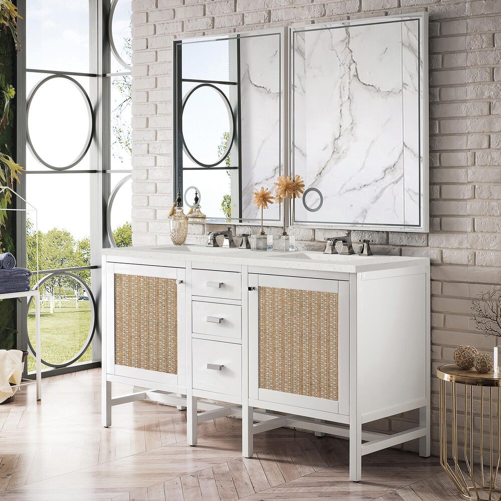 James Martin Vanities Addison 60&quot; Double Bathroom Vanity in Glossy White with 3 cm Lime Delight Quartz Top and Rectangular Sinks, , large
