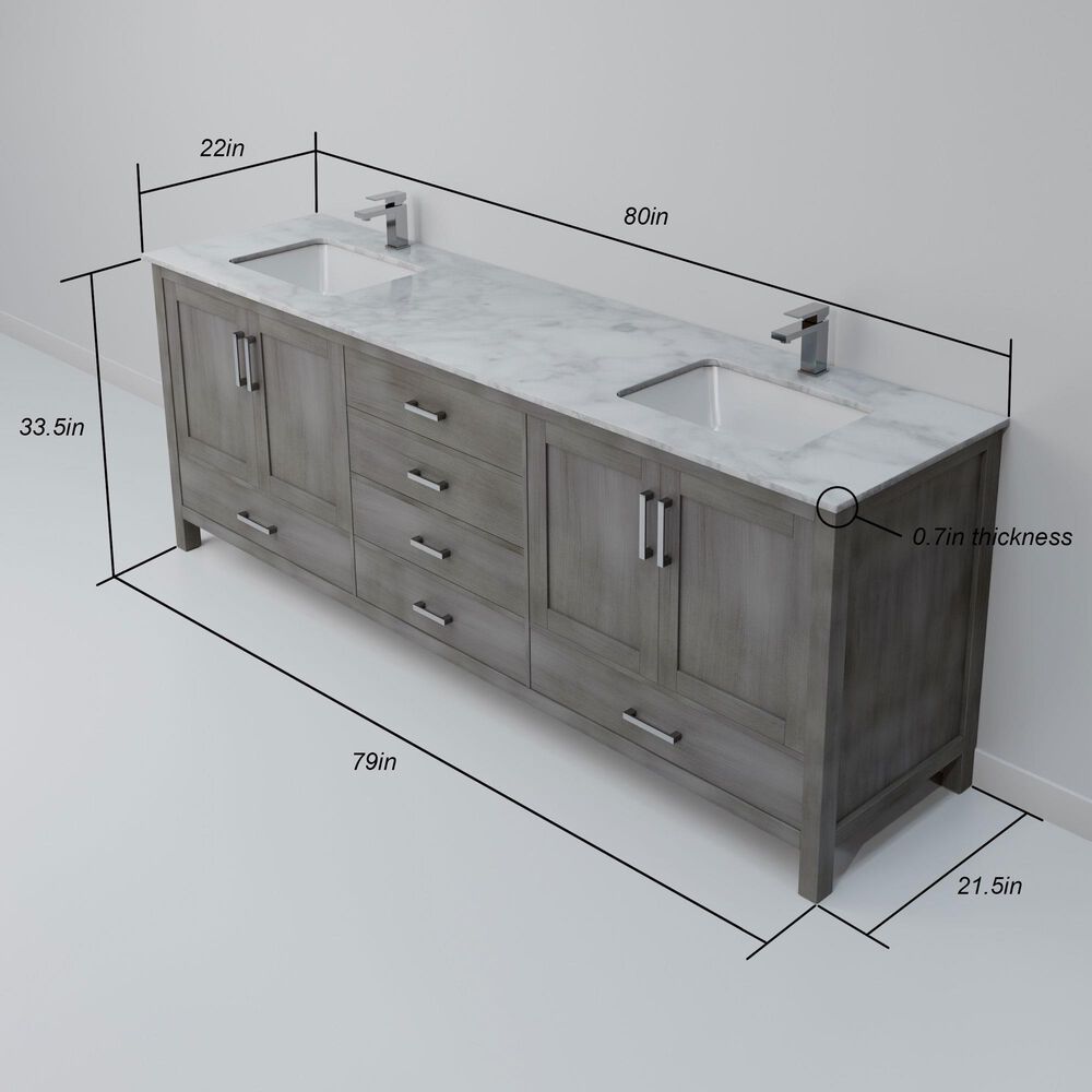 Lexora Home Jacques 80" Double Bathroom Vanity in Distressed Grey with 2 cm White Carrara Marble Top and Rectangular Sinks, , large