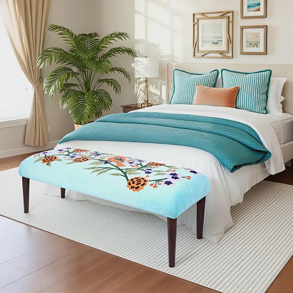 LR Home Floral Accent Bench in Blue and Multicolor, , large