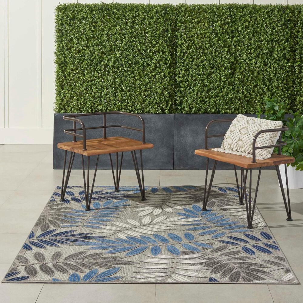 Nourison Aloha Floral 6&#39; x 9&#39; Grey and Blue Indoor/Outdoor Area Rug, , large