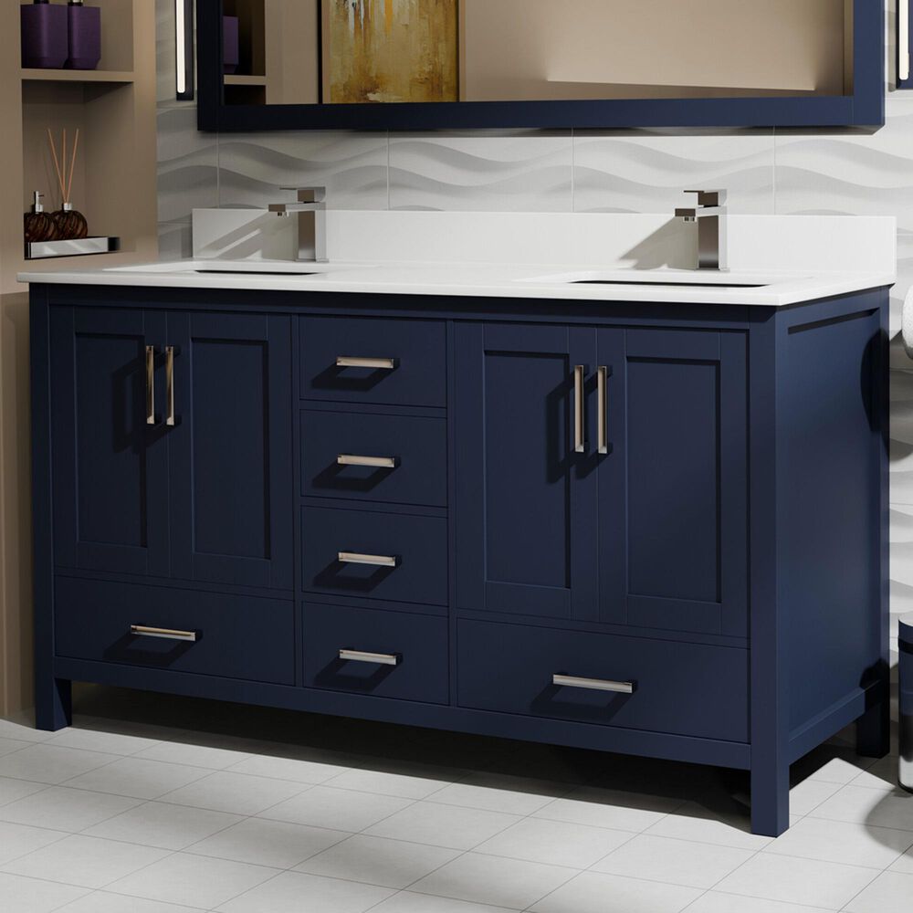 Lexora Home Jacques 60" Double Bathroom Vanity in Navy Blue with 2 cm White Quartz Top and Rectangular Sinks, , large
