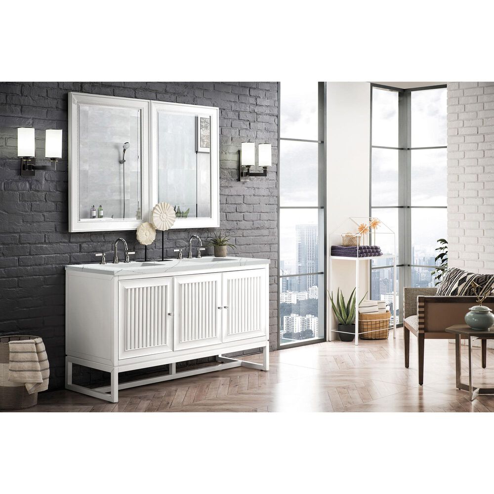 James Martin Vanities Athens 60&quot; Double Bathroom Vanity in Glossy White with 3 cm Ethereal Noctis Quartz Top and Rectangular Sinks, , large