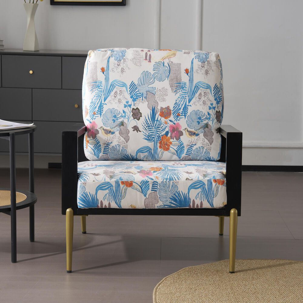 Hearth and Haven Floral Velvet Lounge Arm Chair with Gold Metal Legs in Blue, , large