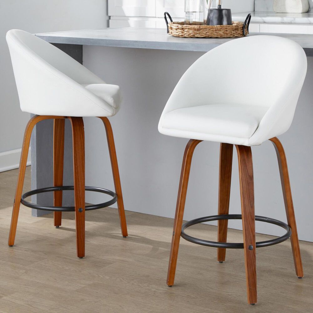 LumiSource Matisse 26" Swivel Counter Stool with White Faux Leather Upholstery in Walnut and Black (Set of 2), , large