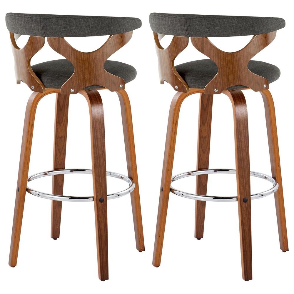 LumiSource Gardenia Swivel Fixed-Height Bar Stool with Charcoal Fabric Upholstery in Chrome and Walnut (Set of 2), , large
