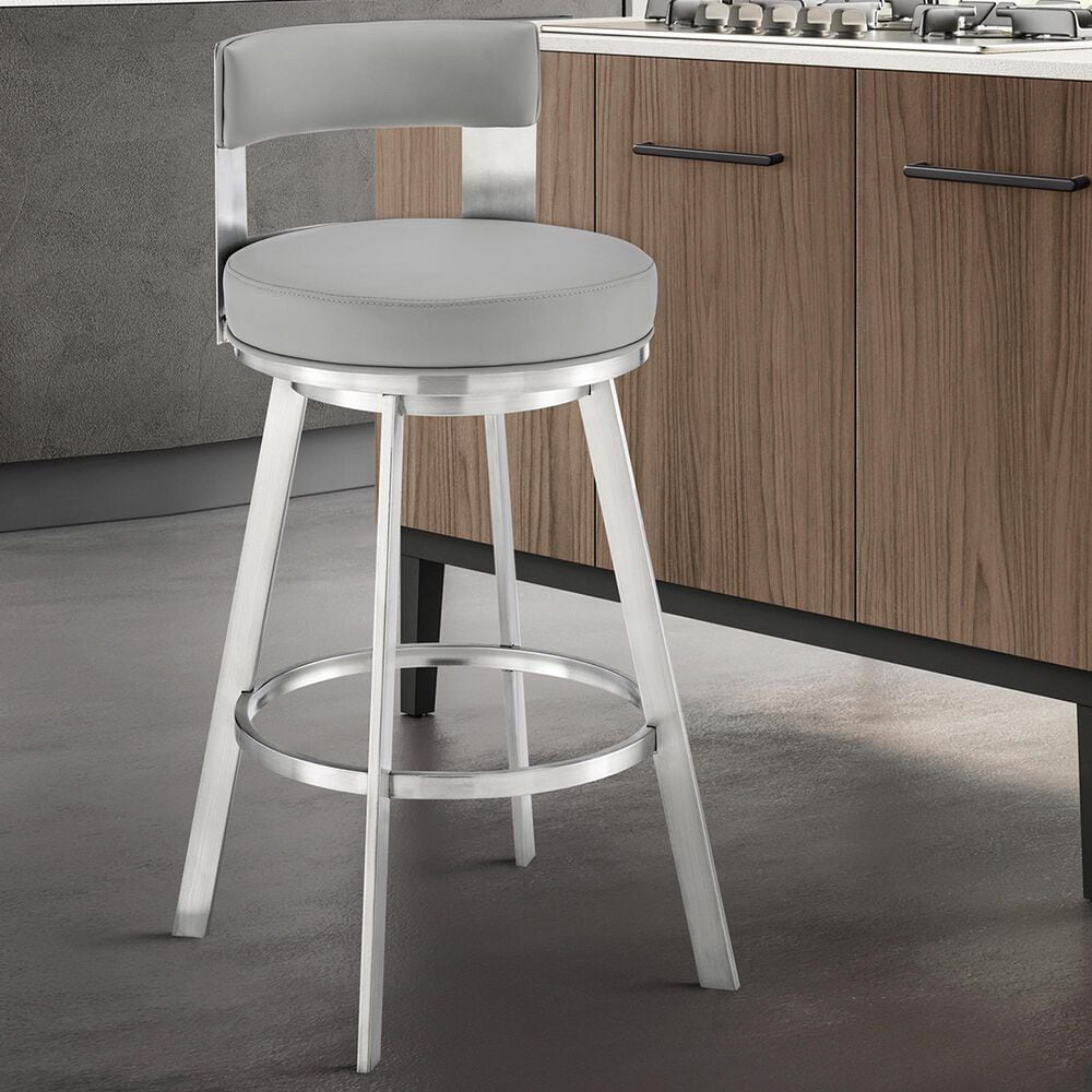 Blue River Flynn 30&quot; Swivel Bar Stool with Light Gray Cushion in Brushed Stainless Steel, , large