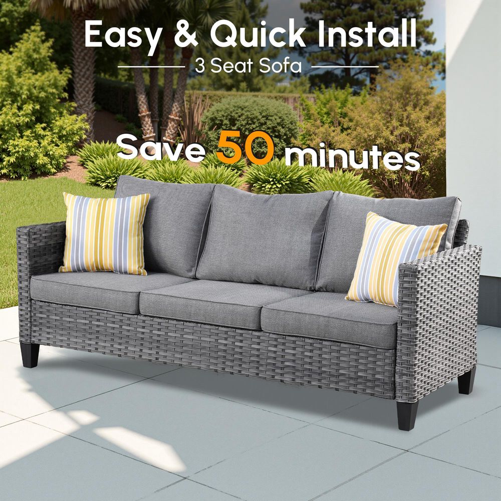 HOMLUX 3-Piece 77" Patio Sofa and Ottoman Set in Dark Grey, , large