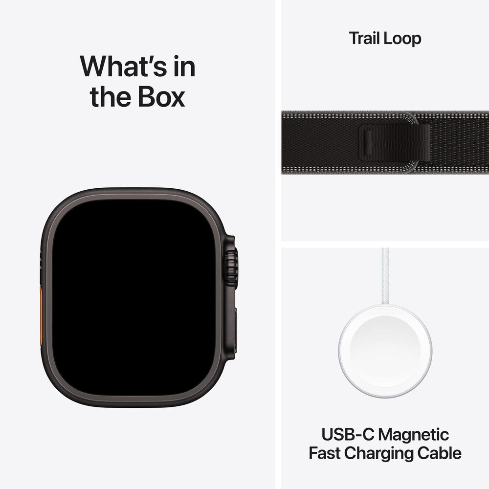 Apple Watch Ultra 3 (GPS+Cellular) 49mm Titanium Case with Black/Charcoal Trail Loop - M/L in Black and 2-Year AppleCare+, , large