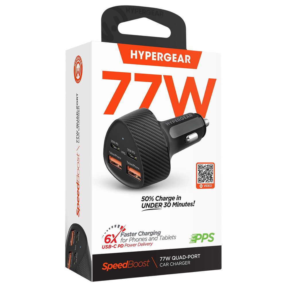 Hypercel SpeedBoost 77W Quad Port PD Car Charger in Black, , large