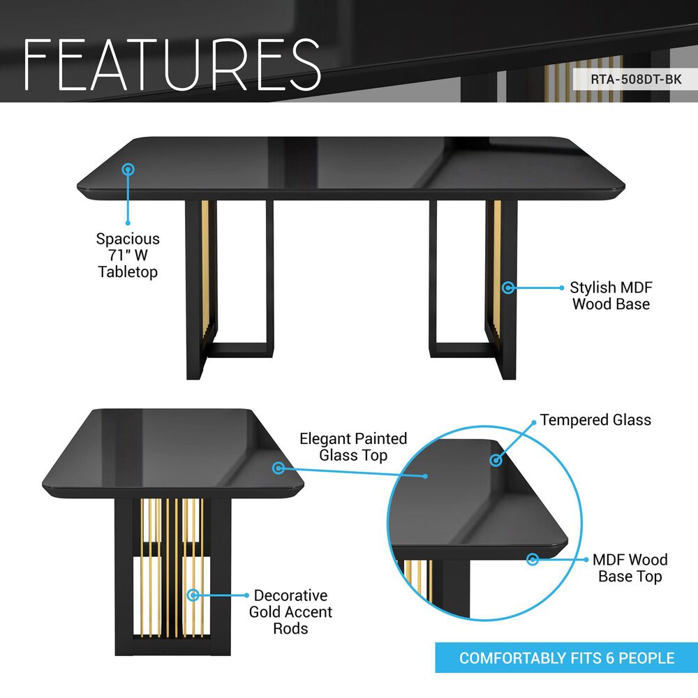 Rta Products Llc Modern Dining Table with Painted Glass Top in Black and Gold, , large