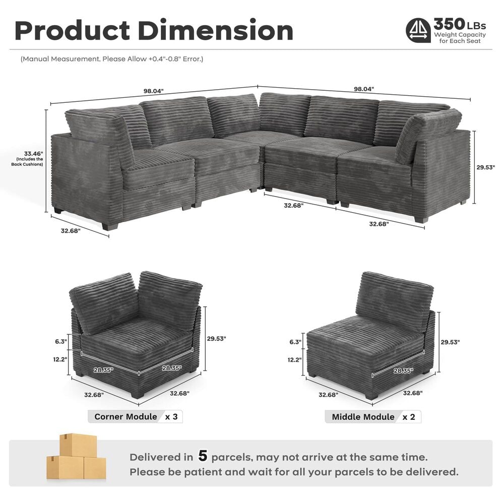 HOMLUX 5-Piece Mod Sectional with Chaise in Gray, , large