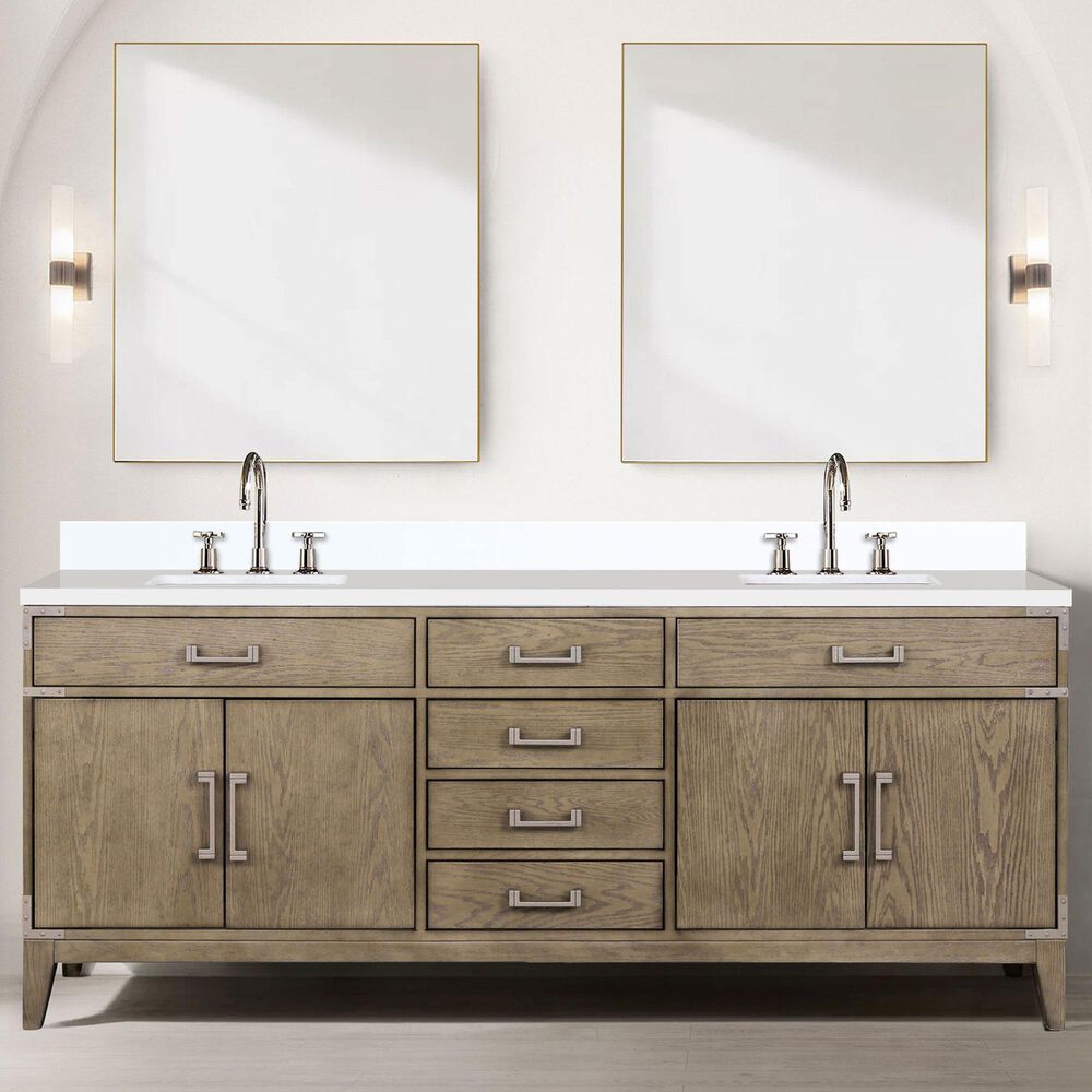 Lexora Home Laurel 80&quot; Double Bathroom Vanity in Grey Oak with White Quartz Top and Rectangular Sinks, , large