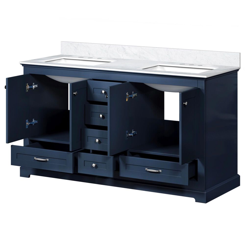 Lexora Home Dukes 60&quot; Double Bathroom Vanity in Navy Blue with 2 cm White Carrara Marble Top and Rectangular Sinks, , large
