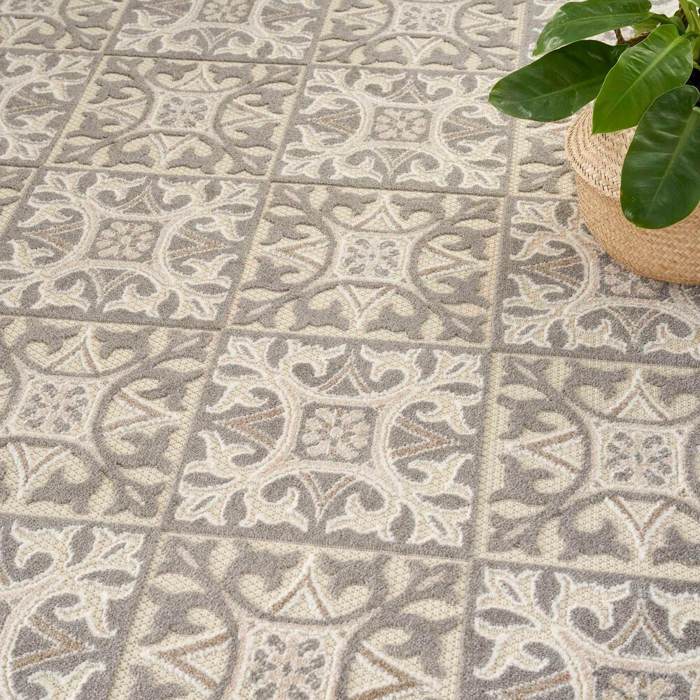 Nourison Aloha Damask 6&#39; x 9&#39; Ivory and Grey Indoor/Outdoor Area Rug, , large