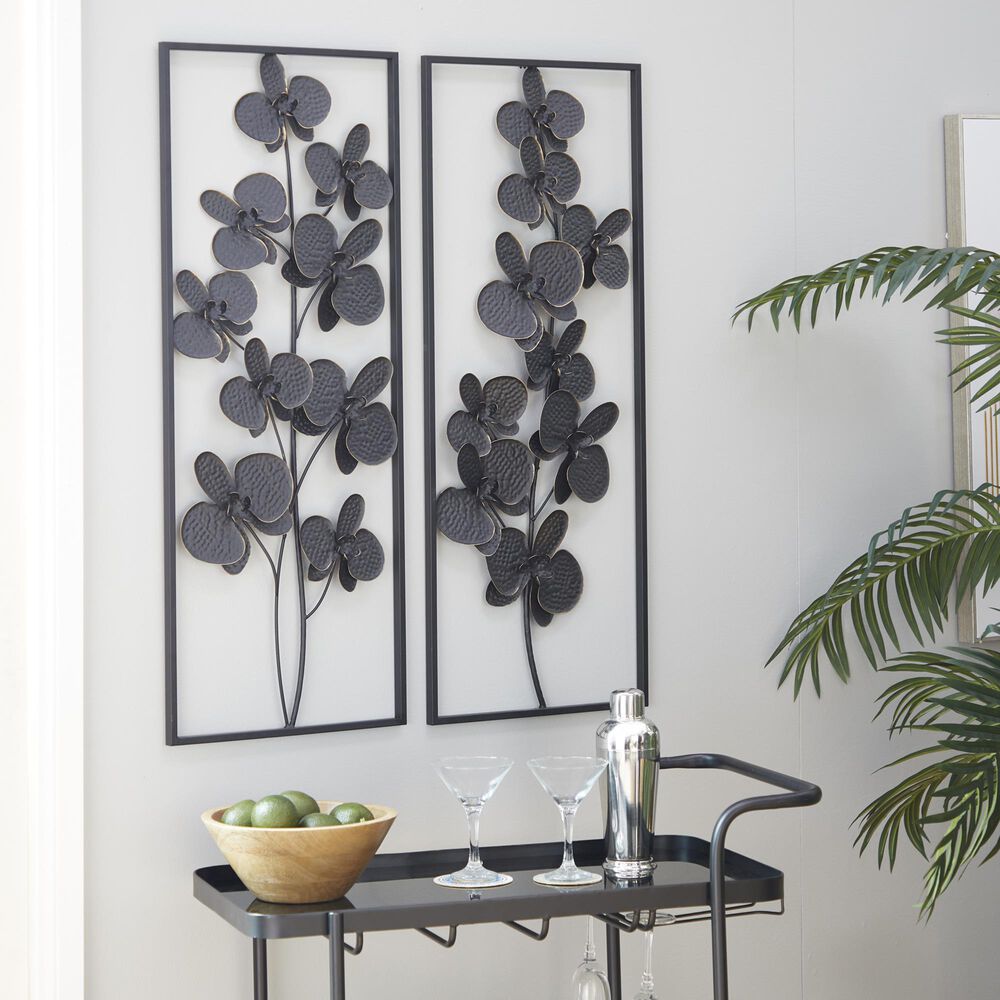 Maple and Jade 36&quot; x 14&quot; Contemporary Flowers Wall Decor in Black &#40;Set of 2&#41;, , large