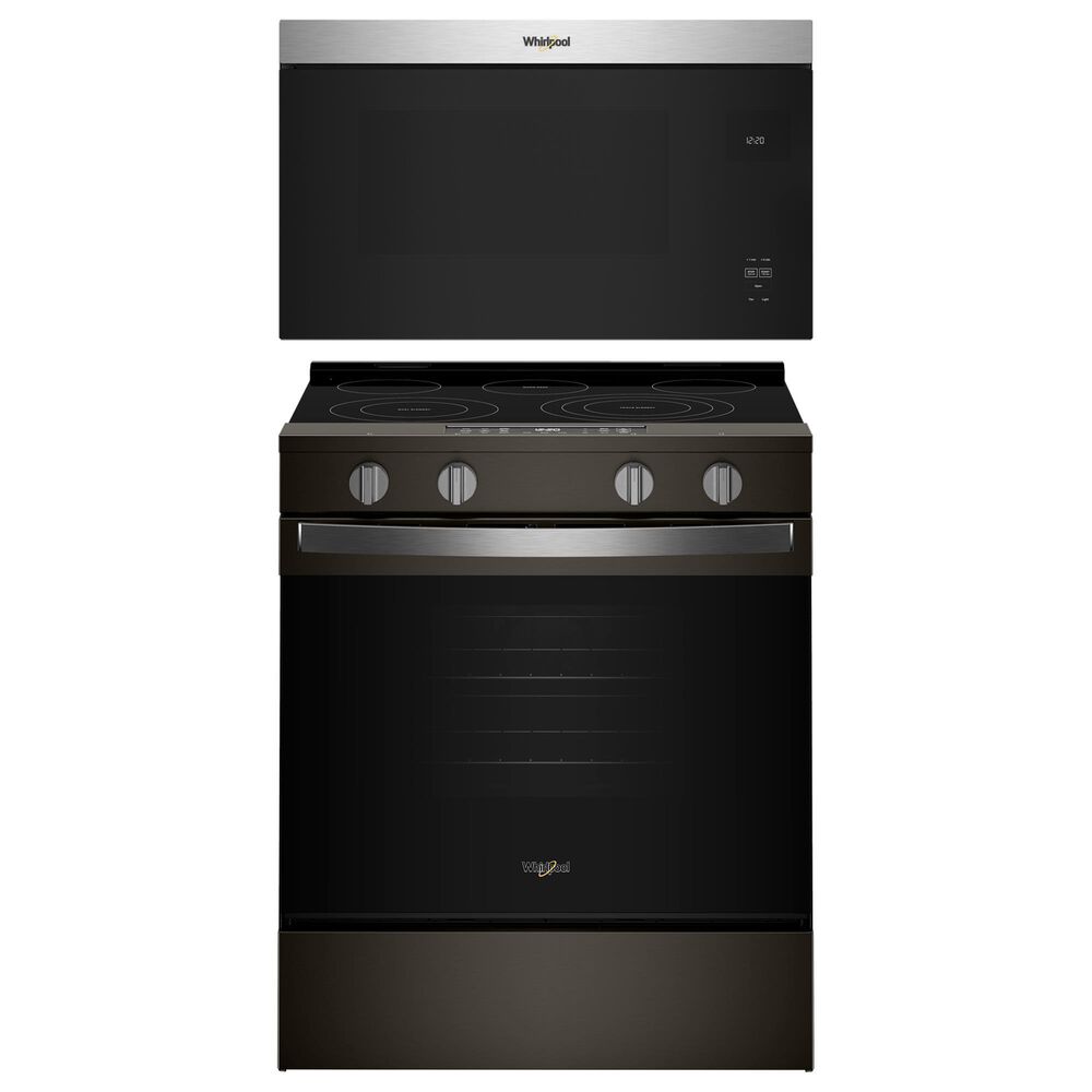 Whirlpool 2-Piece Kitchen Package with Black Stainless 5 Cu. Ft. Smart Electric Range and Fingerprint Resistant Stainless Steel 1.1 Cu. Ft. Flush Mount Microwave, , large