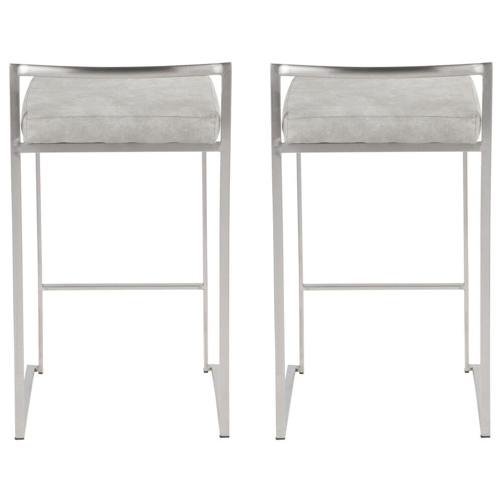 LumiSource Fuji 26" Stacker Counter Stool with Light Grey Cowboy Upholstery in Brushed Stainless Steel (Set of 2), , large