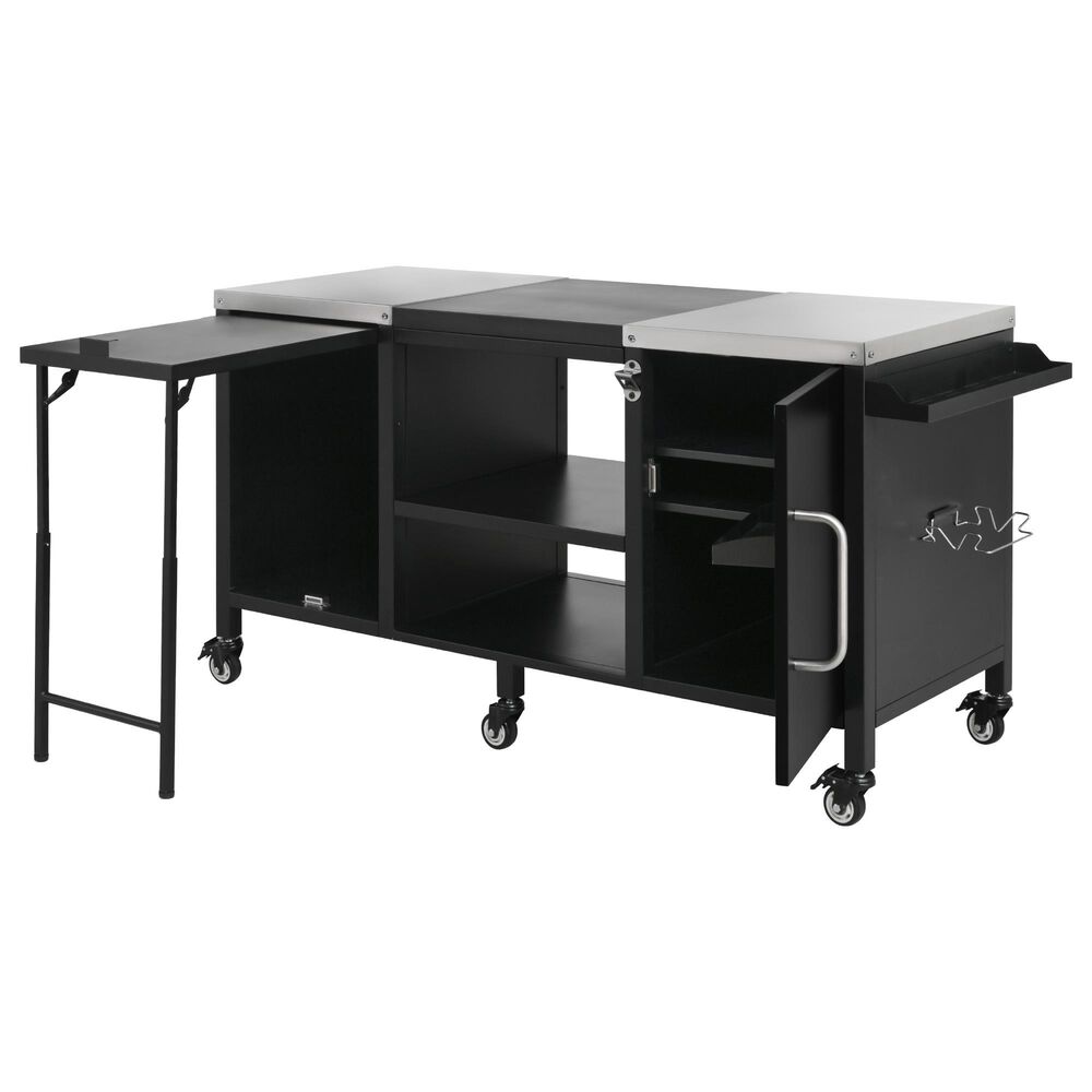 HOMLUX 72.4" Outdoor Kitchen Island with Large Fold-out Prep Table and Adjustable Shelves for Big Green Egg in Black, , large