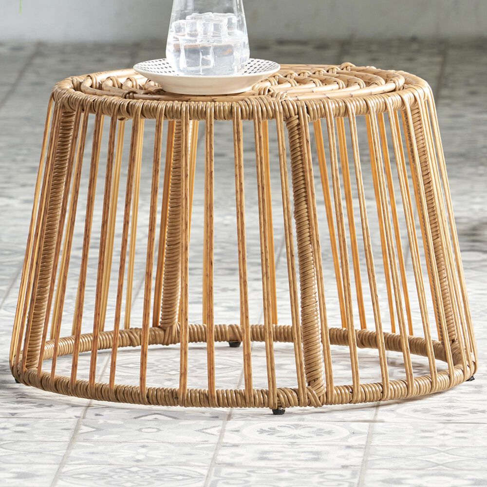 Hearth and Haven Elaine Outdoor Faux Rattan Side Table with Cage Frame Design in Light Brown, , large