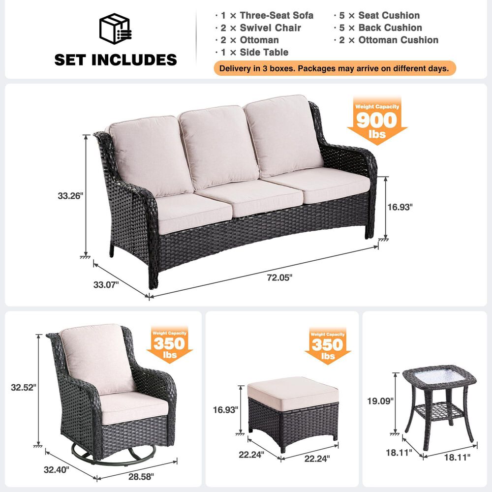 HOMLUX HOMLUX 6-Piece Patio Furniture Set with Swivel Rocking Chairs, High Back Outdoor Wicker Sofa Couch, Brown Rattan in Beige, , large