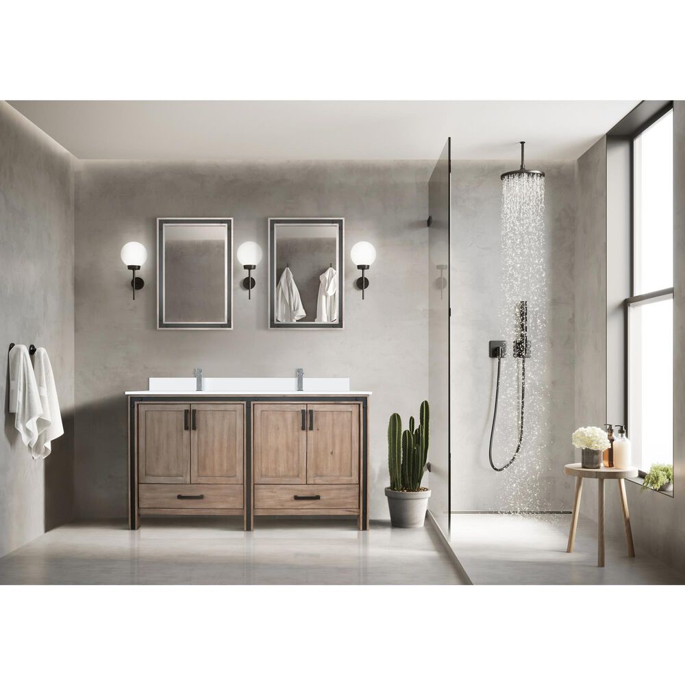 Lexora Home Ziva 60&quot; Double Bathroom Vanity in Rustic Barnwood with 2 cm White Cultured Marble Top and Rectangular Sinks, , large