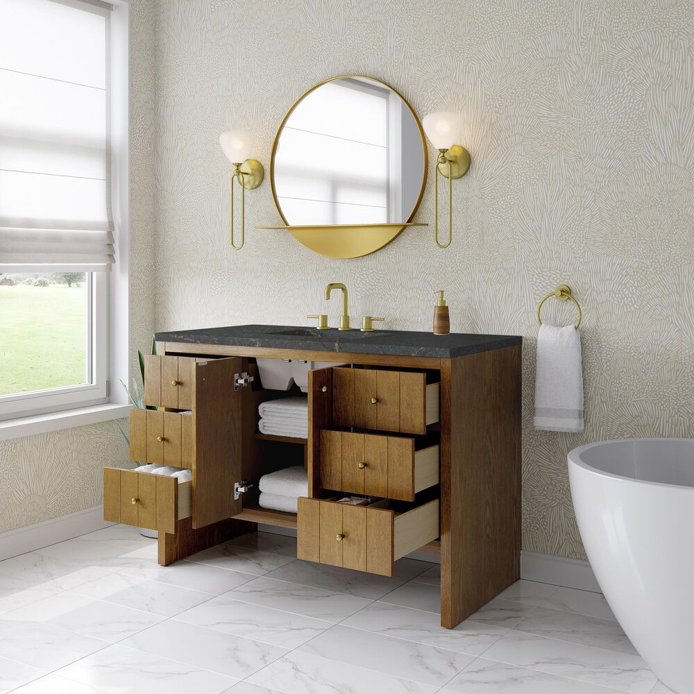 James Martin Hudson 48" Single Bathroom Vanity in Honey Oak with 3 cm Parisien Bleu Silestone Top, Rectangular Sink and FreePower Wireless Charger, , large
