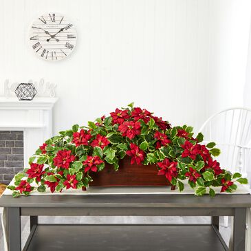 Nearly Natural Inc 51" Poinsettia and Variegated Holly Artificial Plant in Decorative Planter (Real Touch), , large