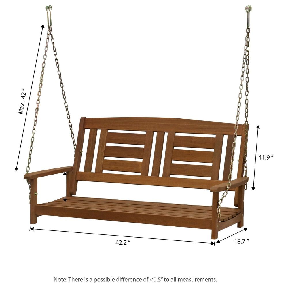 HOMLUX 2-Person Hanging Porch Swing Wood Bench with Hanging Chains, Curved Back in Teak Oil, , large
