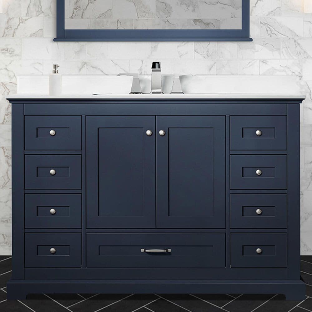 Lexora Home Dukes 48&quot; Single Bathroom Vanity in Navy Blue with 2 cm White Cultured Marble Top and Rectangular Sink, , large
