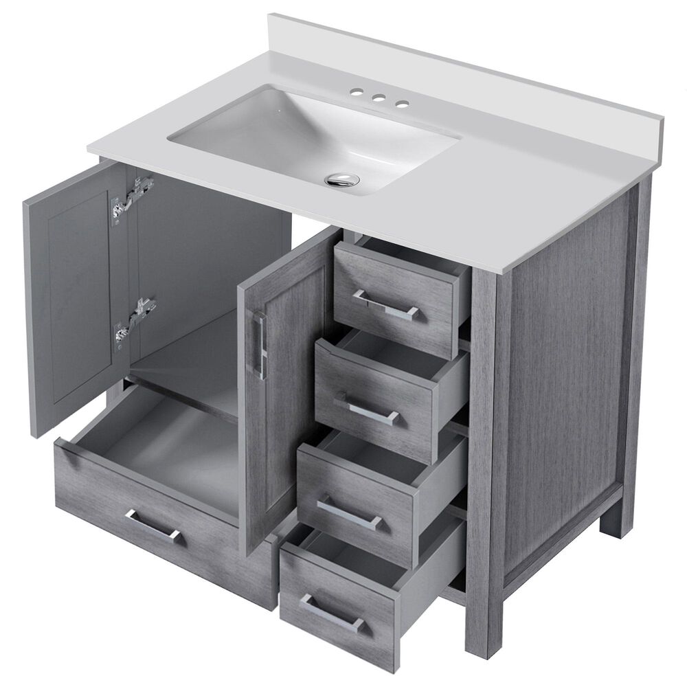 Lexora Home Jacques 36&quot; Left Offset Single Bathroom Vanity in Distressed Grey with 2 cm White Quartz Top and Rectangular Sink, , large