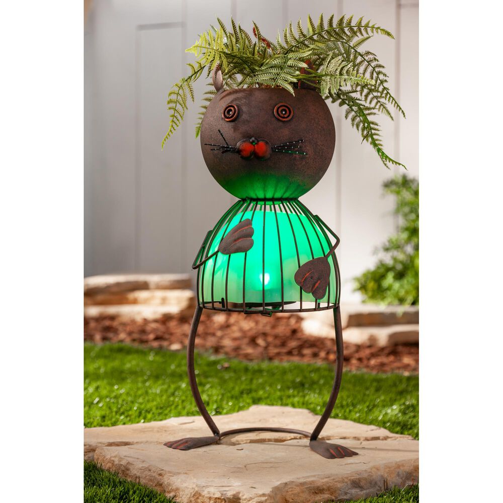 The Gerson Company 20.87&quot; Solar Lighted Garden Cat Pot Head in Rustic Brown, , large