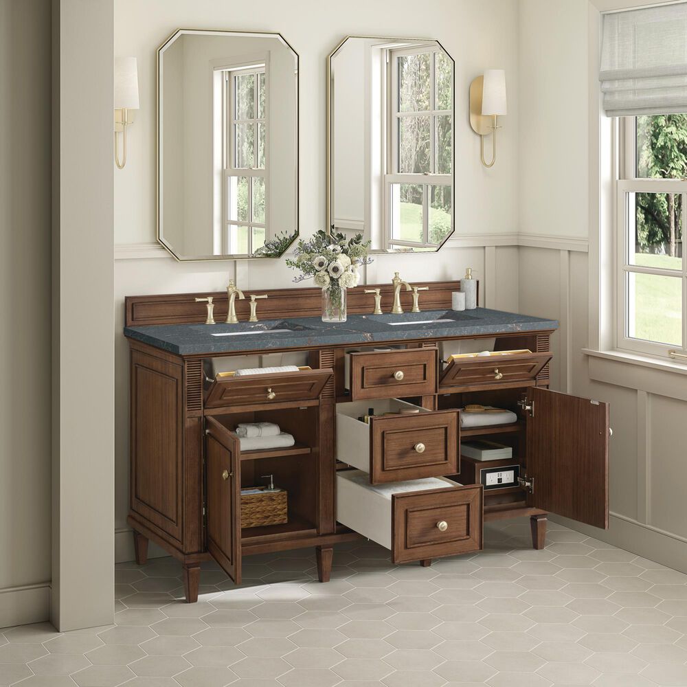 James Martin Vanities Lorelai 60&quot; Double Vanity in Mid-Century Walnut with 3 cm Parisien Bleu Quartz Top, , large